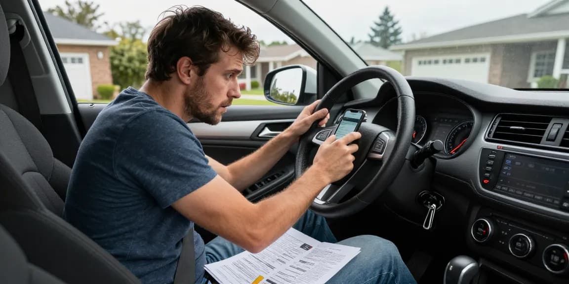 Auto consuma troppo: Driver checking fuel efficiency and dashboard indicators for excessive fuel consumption concerns.