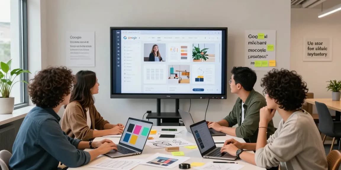 Team using google mixboard for creative collaboration in a bright co-working space.