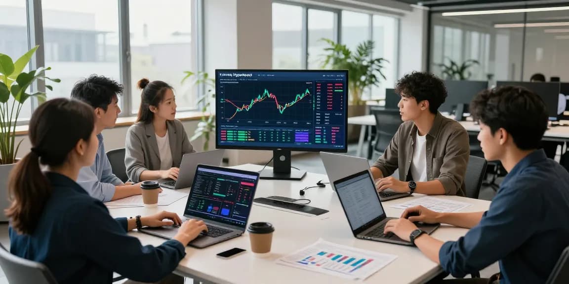 Kinetiq Hyperliquid trading data analysis in a modern cryptocurrency workspace with diverse professionals collaborating.