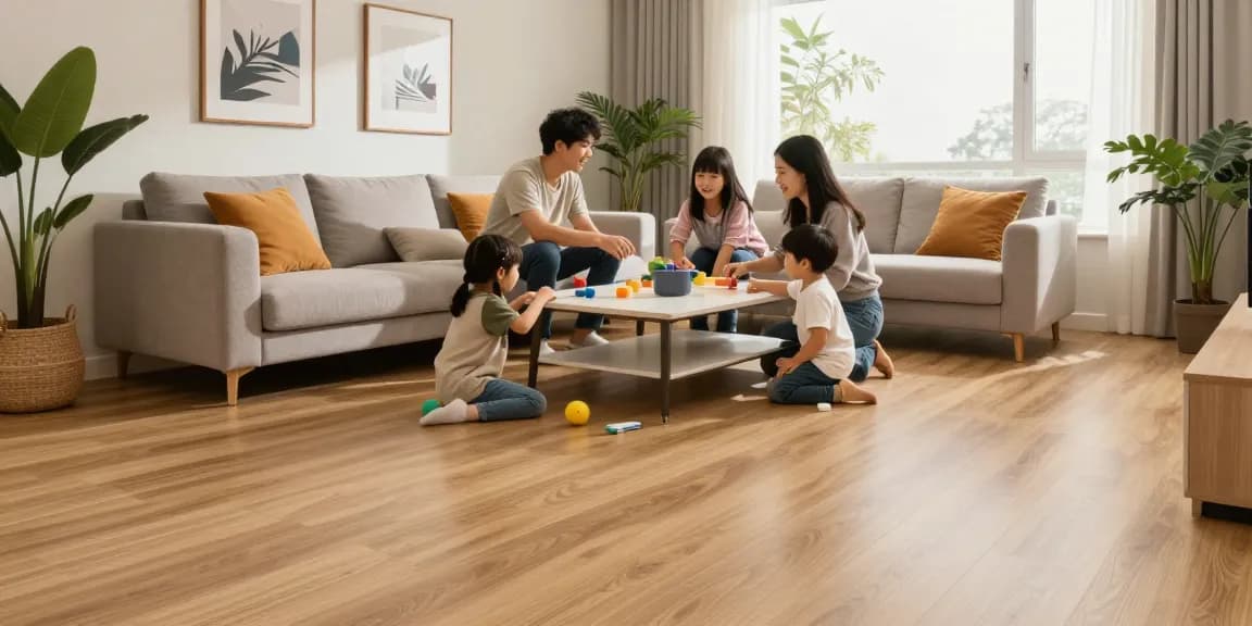 Affordable laminate flooring ideas showcased in a cozy living room with family enjoying the space.