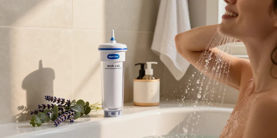A person enjoying a refreshing shower with the AQUA CREST WHR-140 Shower Filter Replacement Cartridge for Culligan® WHR-140 displayed in a bright bathroom setting, enhancing wellness.