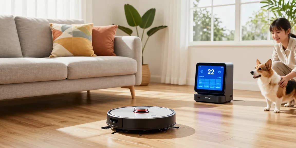 Robot vacuum 2026 cleaning a stylish living room with smart home features and a pet watching.