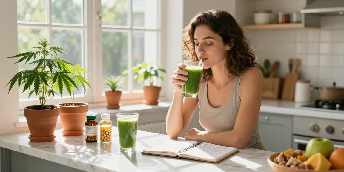 thc vape uk wellness routine with CBD oil and hemp plants in a bright kitchen