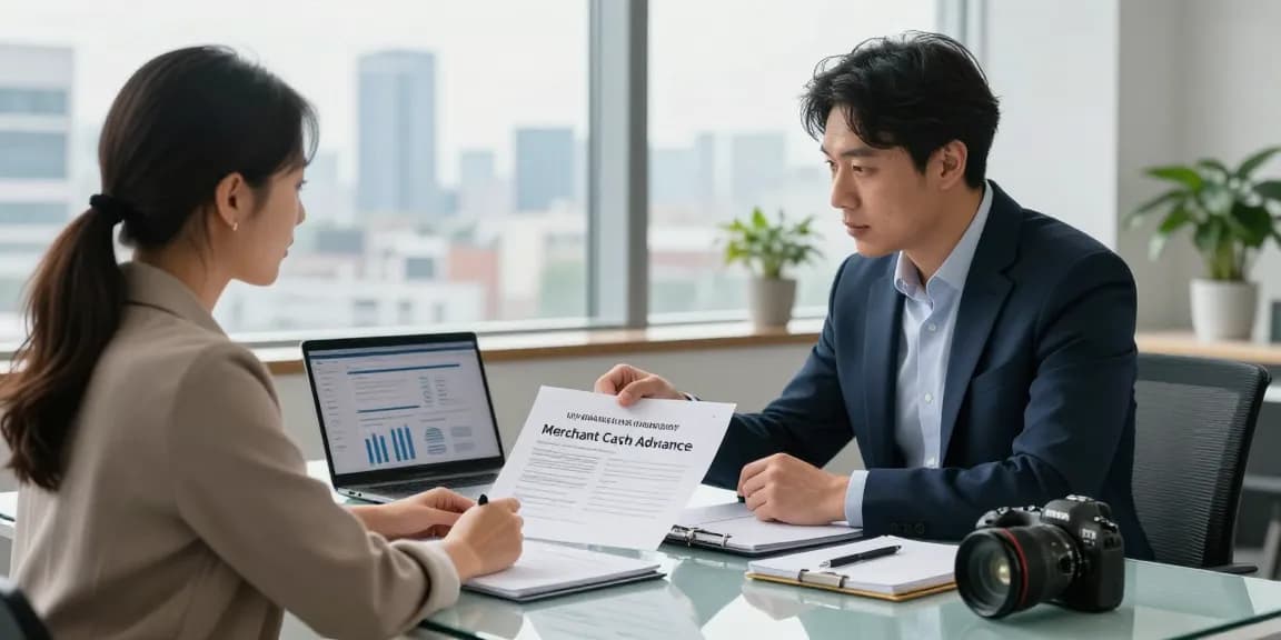 Business consultation discussing uk merchant cash advance options with financial advisor and business owner in modern office.