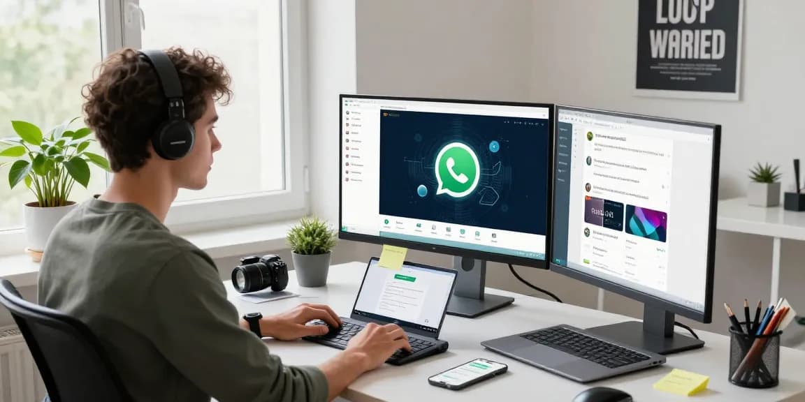 Using the WhatsApp電腦版 desktop app with dual monitors in a modern workspace.