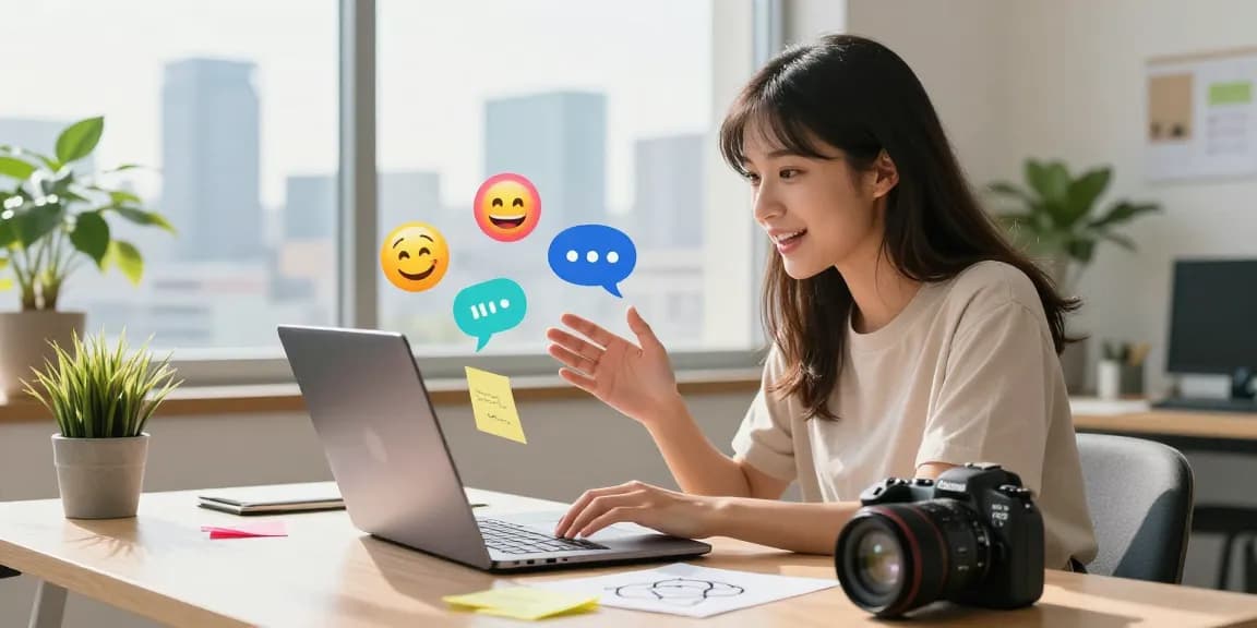AI slut chatbot interaction scene with a young woman in a vibrant workspace.