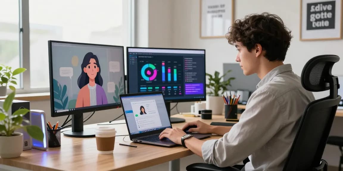 Engaged young professional interacting with hot chat ai on laptop in modern workspace.