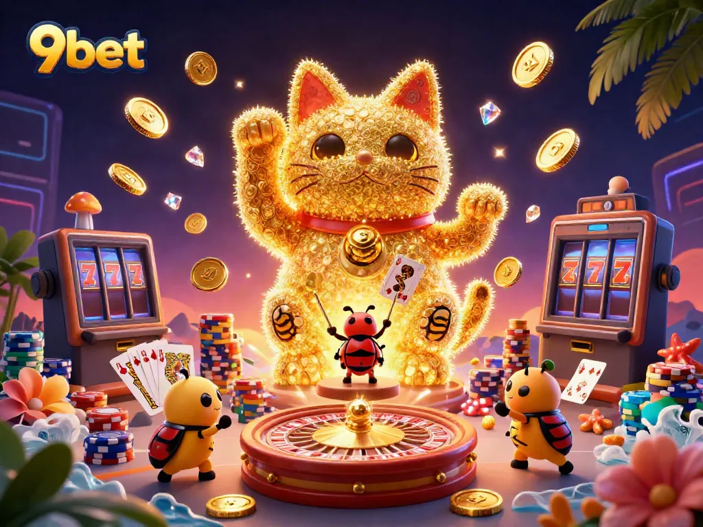 Experience the dynamic 9bet gaming atmosphere with golden fireflies and vibrant casino symbols.