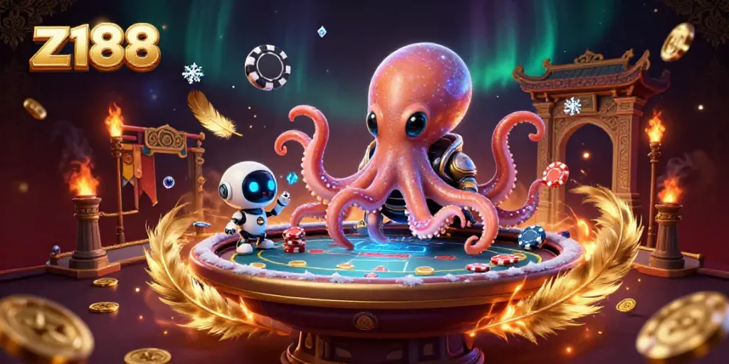 Engaging gameplay at z188 with a 3D alien octopus and robot at a poker table, vibrant colors