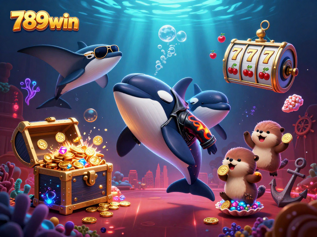 Experience thrilling wins with 789win as a vibrant underwater scene unfolds with playful characters and exciting slots.