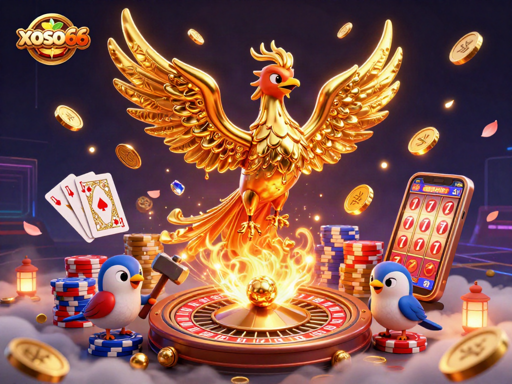 xoso66 engages players with a captivating 3D golden phoenix emerging from coins in a vibrant casino scene.