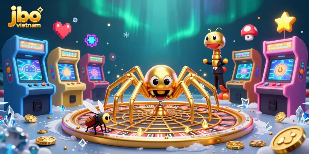 Bet on jbo vietnam with a golden web roulette scene featuring a fly and croupier.