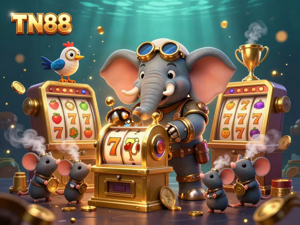 Experience the excitement of TN88 with a steampunk elephant operating a vibrant slot machine in an engaging casino scene.