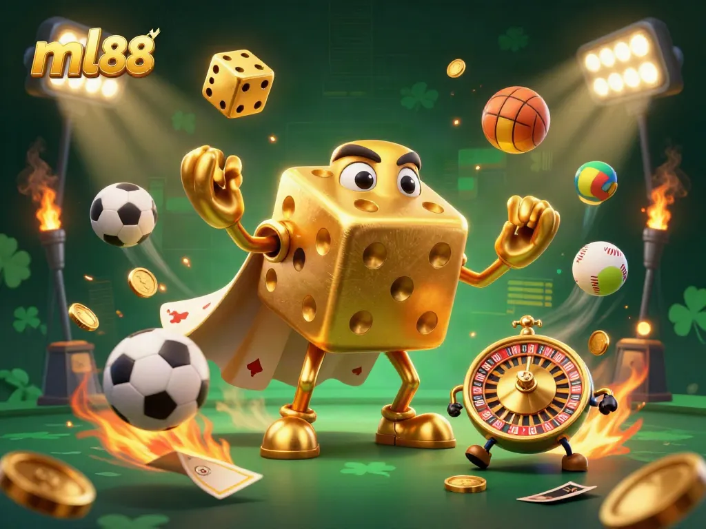 Experience the excitement of ml88 with a dynamic 3D casino illustration featuring golden dice, sports elements, and thrilling action.