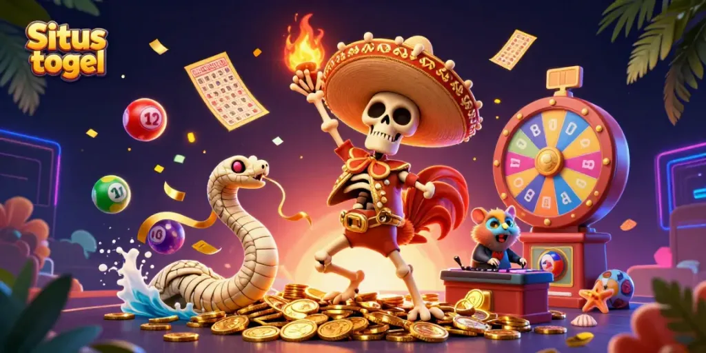 Experience the thrill of Situs togel with colorful lottery elements and vibrant characters in a dynamic scene.