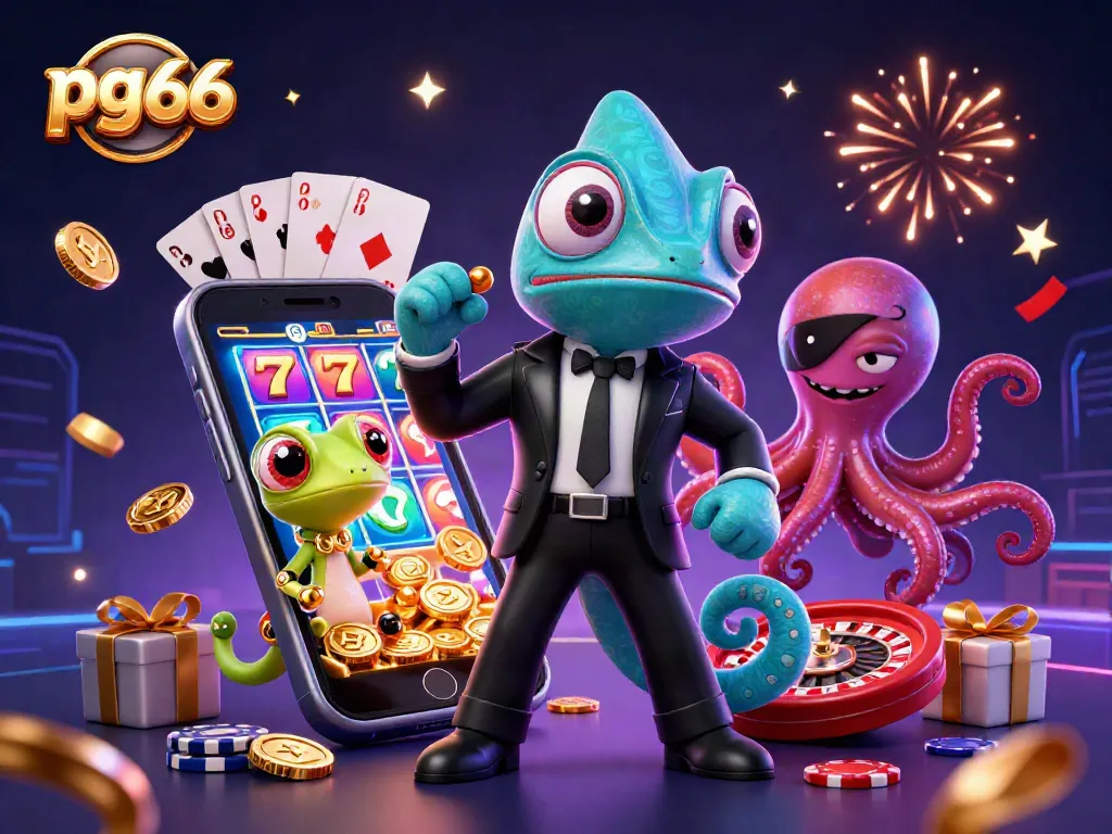 Experience the thrilling action of pg66 with a dynamic 3D casino illustration featuring vibrant games.