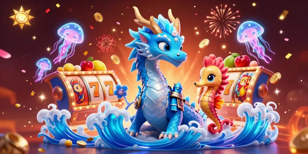 Experience exciting slots action with the sun-inspired azure dragon and vibrant neon elements.