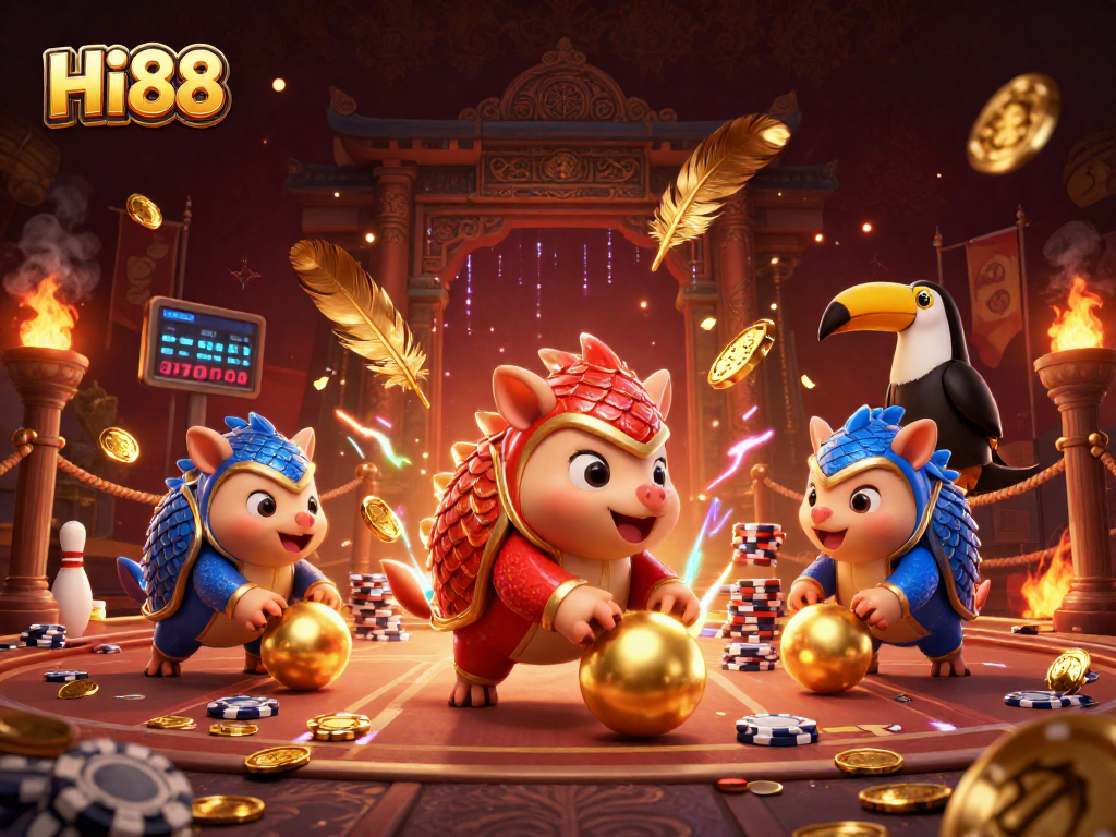 Hi88 pangolins bowling through poker chips in a vibrant casino-themed illustration.