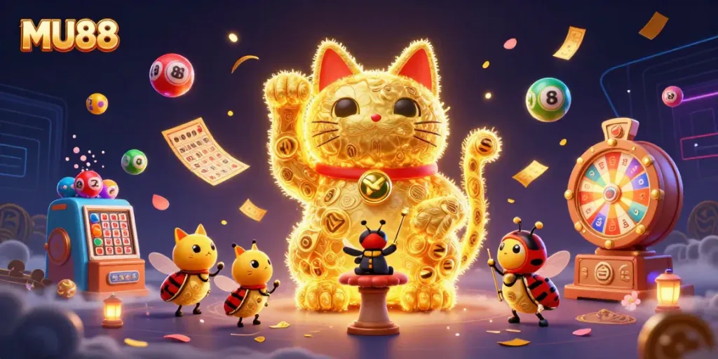 Experience the thrilling MU88 casino atmosphere with vibrant symbols and elements in this engaging 3D illustration.