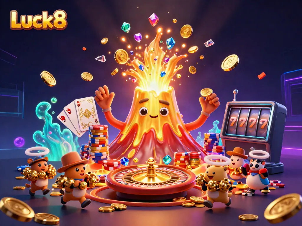 Experience exciting gaming action at Luck8 with a vibrant volcano treasure scene featuring coins and vibrant atmosphere.