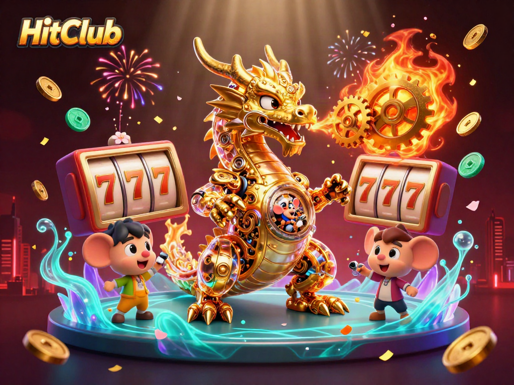 Engage at HitClub with a vibrant casino illustration showcasing slot reels and golden dragons.
