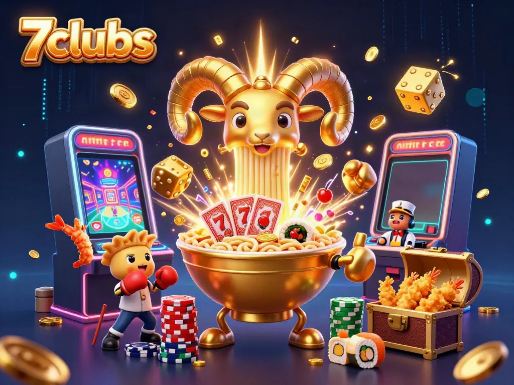Engage in thrilling games at 7clubs with a dynamic scene featuring characters and slot machine action.