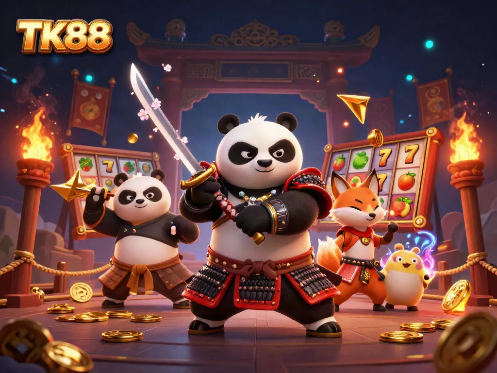Engage with thrilling TK88 gameplay featuring a samurai panda and ninja fox in an energetic casino scene.