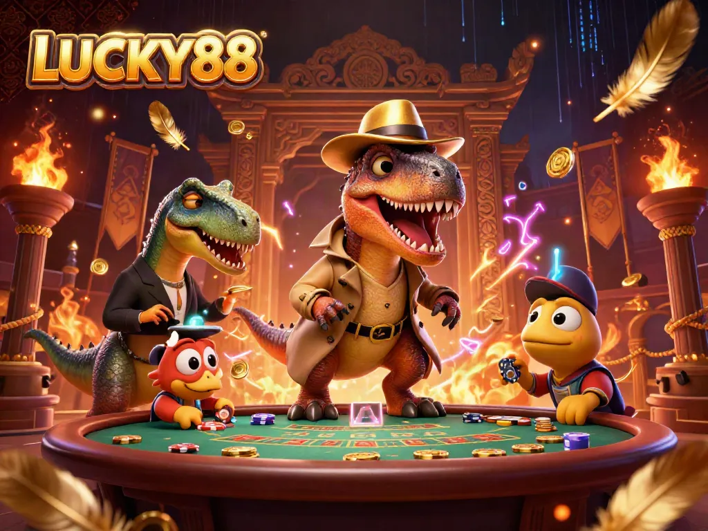LUCKY88 velociraptor card counter at a blackjack table with a stegosaurus pit boss and a compy thief, dynamic casino scene illustration.