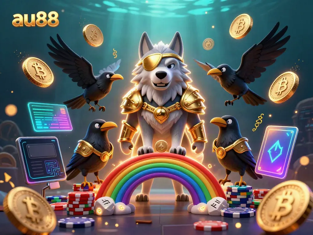 Betting on au88: Enjoy vibrant 3D illustration of casino adventures with Odin, ravens, and crypto.