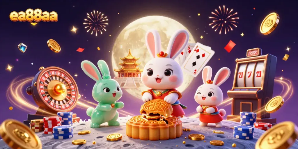 Experience the excitement of ea88aa casino with a vibrant 3D scene featuring a moon rabbit and captivating game elements.