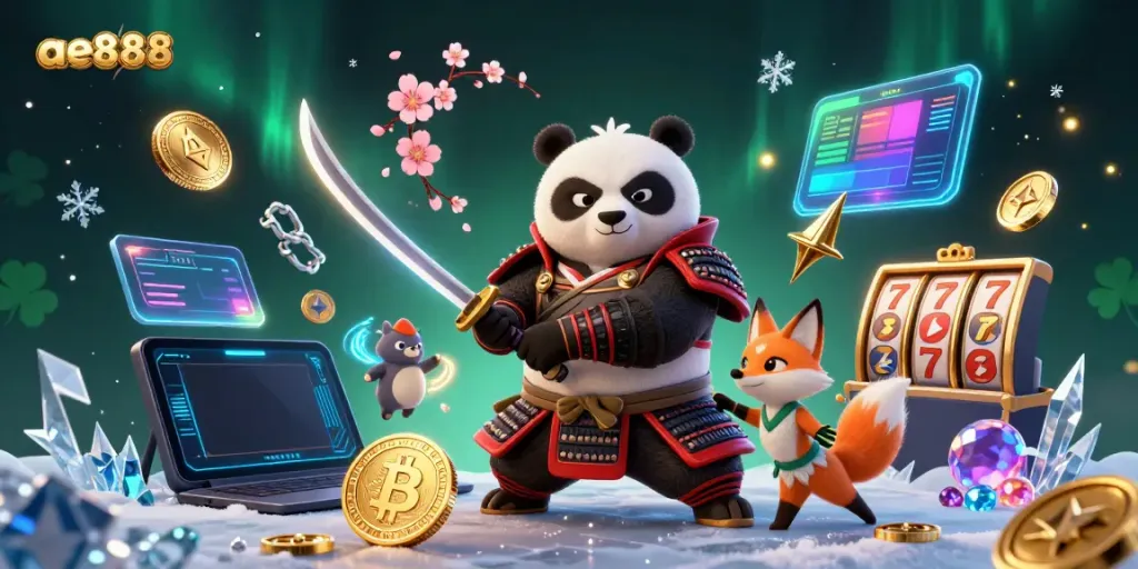 Engage in thrilling gameplay with ae888's vibrant casino illustrations featuring samurai panda and ninja fox.