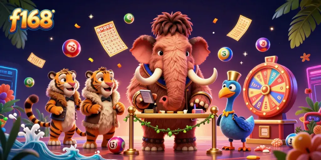 Experience thrilling wins with f168 at this vibrant casino scene featuring colorful lottery elements.