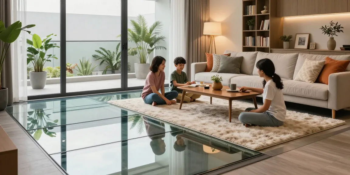 Architectural glass flooring enhances modern living space with family interaction.