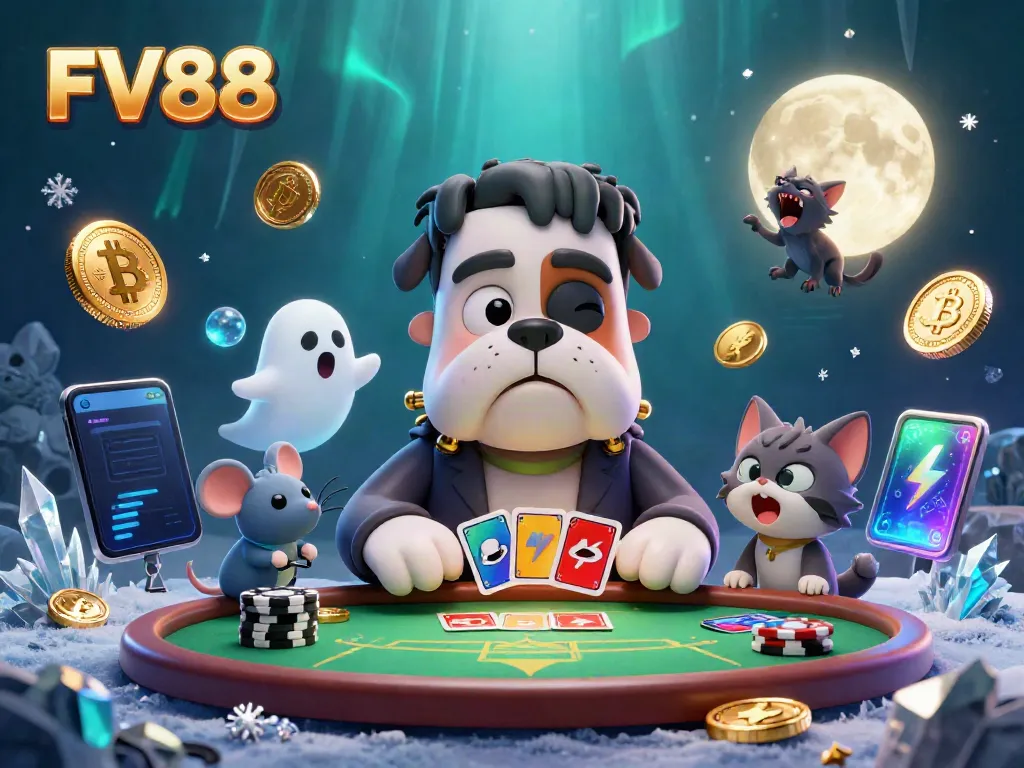 Experience FV88's exciting gaming adventure with a Frankenstein bulldog dealer and mystical characters.