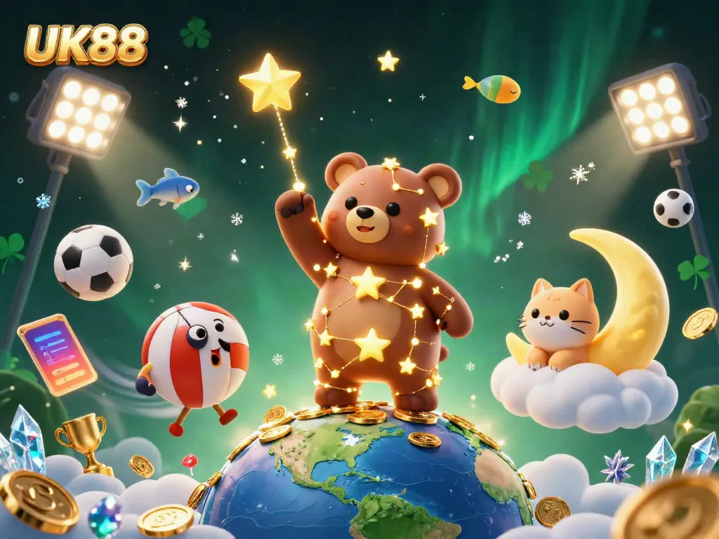 Experience the thrill of UK88 with a vibrant illustration of a constellation bear and sport elements in a 3D casino setting.