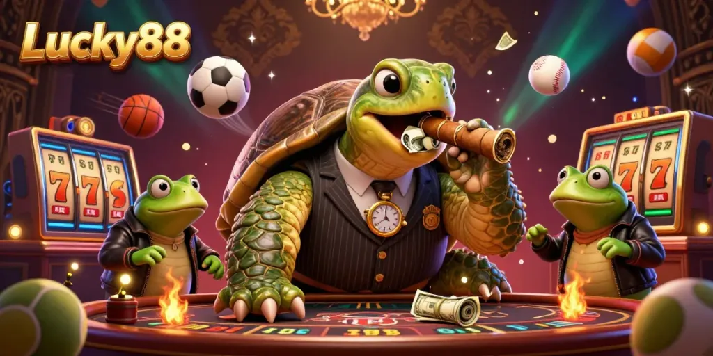 Join the action with Lucky88 in a vibrant casino scene filled with dynamic slot games and characters.