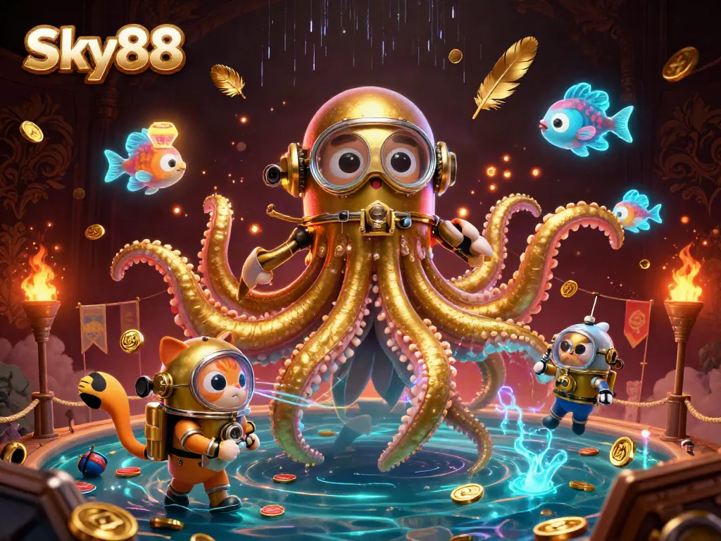 Capture the excitement of Sky88 with a colossal kraken and vibrant gambling elements in a dynamic 3D scene.