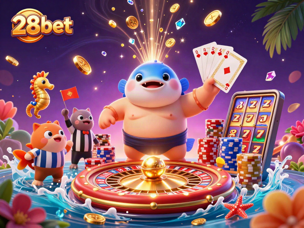 Experience the thrill at 28bet with vibrant casino action featuring a puffed fugu in an underwater setting.