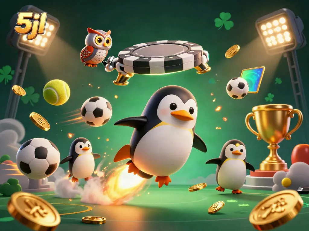 Experience thrilling gaming with the 5jl penguin and golden sports elements in a dynamic casino scene.