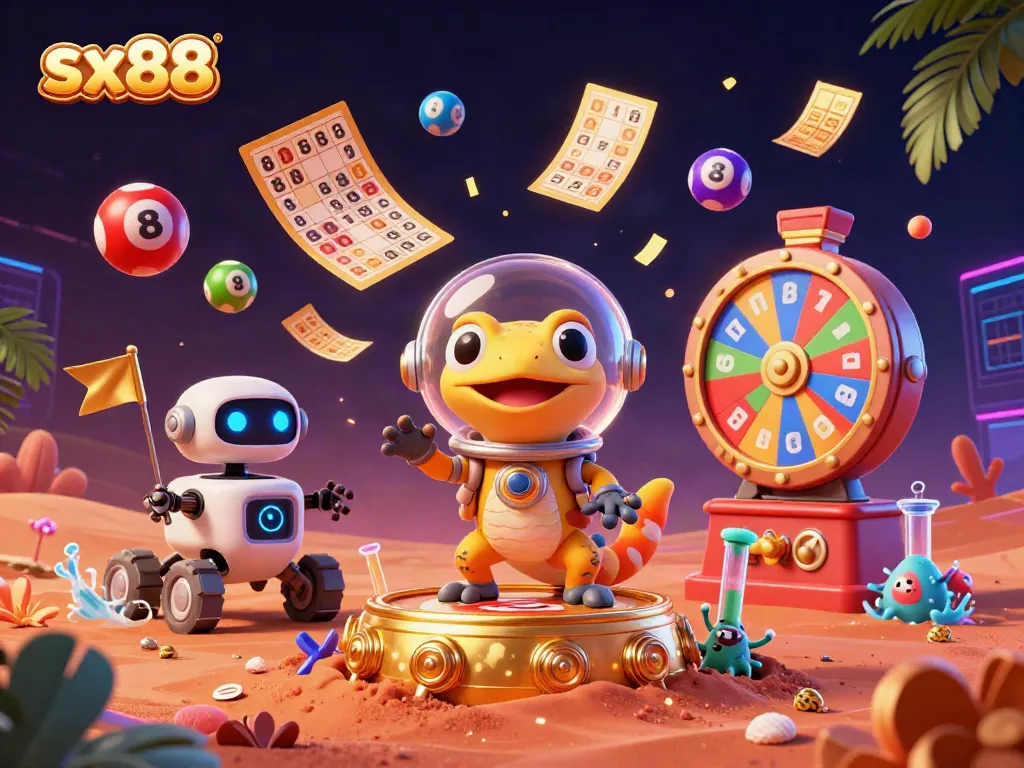 Engage with sx88 online gaming featuring vibrant lottery elements, a Martian gecko, and animated winning scenes.