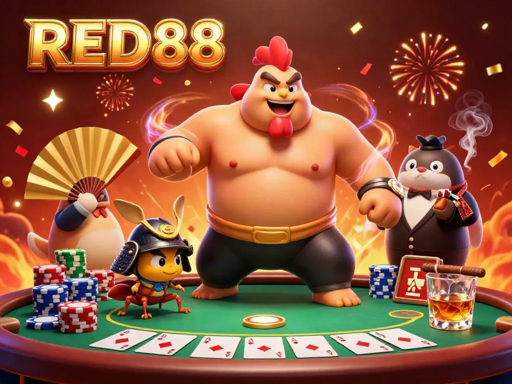 Experience the excitement of RED88 with a powerful sumo wrestler and a fierce cricket amidst a vibrant casino scene.