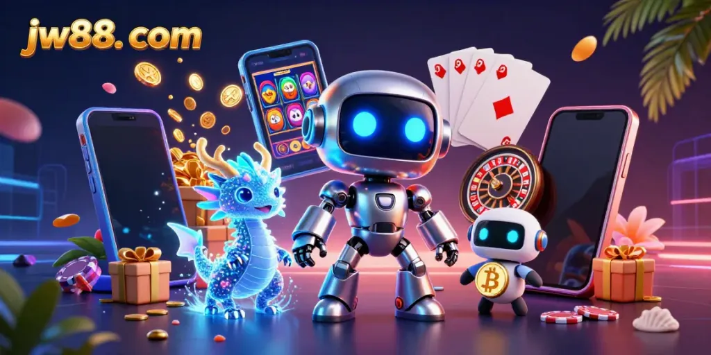 Play thrilling games on jw88. com with exciting characters and casino elements in a vibrant scene.