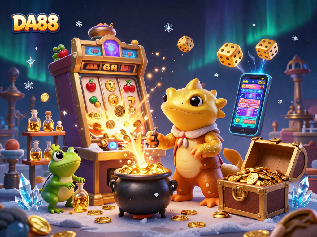 Experience the thrill of DA88 with a jackpot explosion, golden characters, and vibrant casino elements.