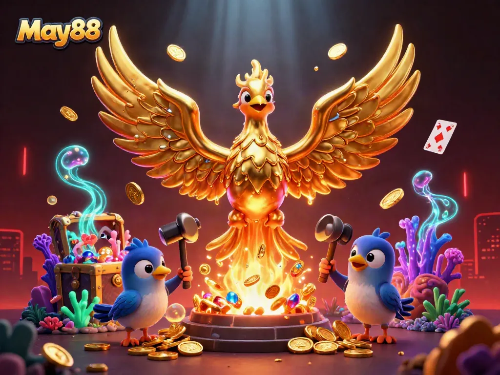 Engage with the immersive May88 casino experience, featuring epic scenes of winnings and gold.