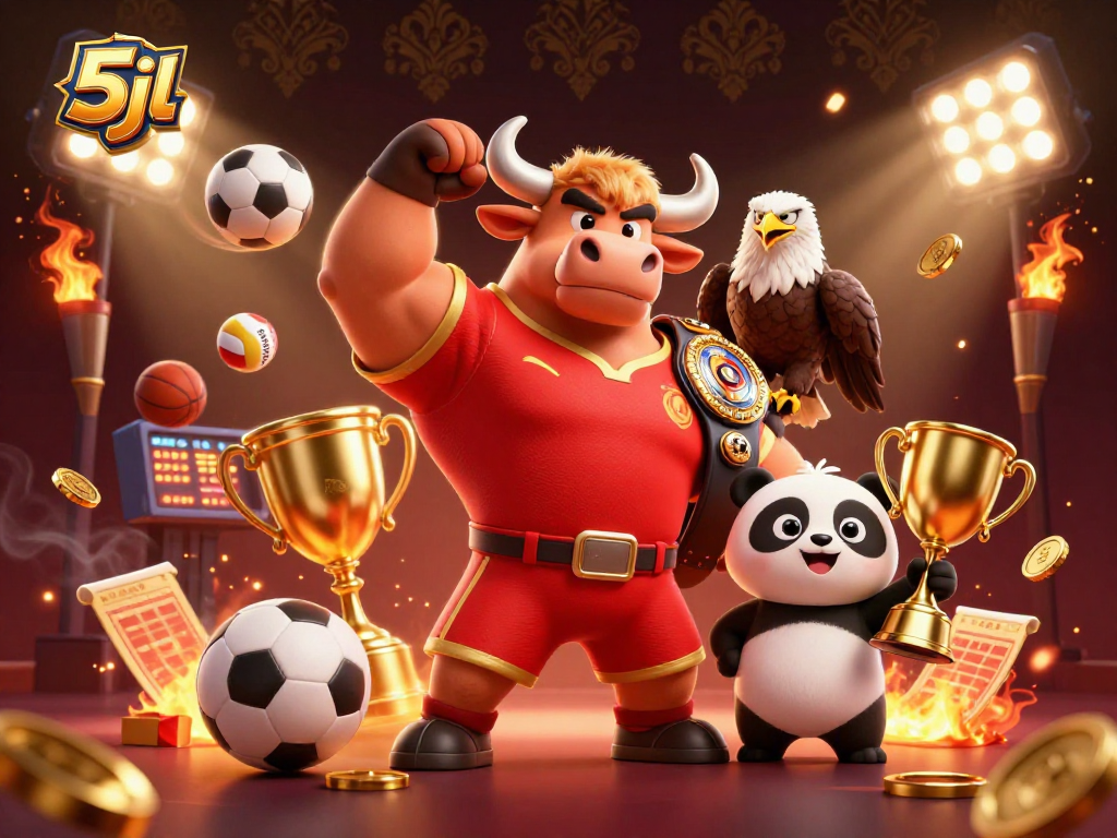 Celebrate your wins with 5jl as a victorious bull mascot and friends amid sports betting excitement.