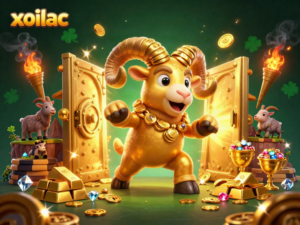 Experience fortune with xoilac as the golden ram charges amidst treasure in a vibrant casino scene.