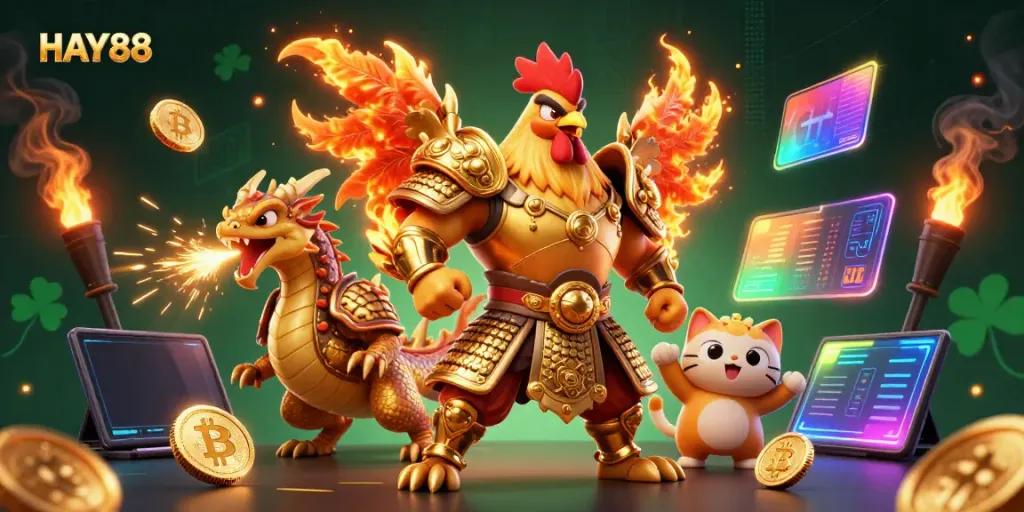 Experience HAY88 gaming excitement with a rooster warrior, dragon hatchling, and crypto treasures.
