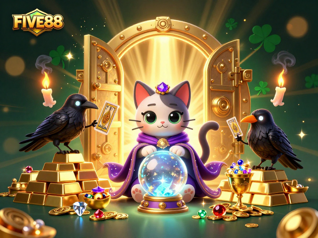 Experience excitement with FIVE88, featuring vibrant characters in a mystical casino scene.