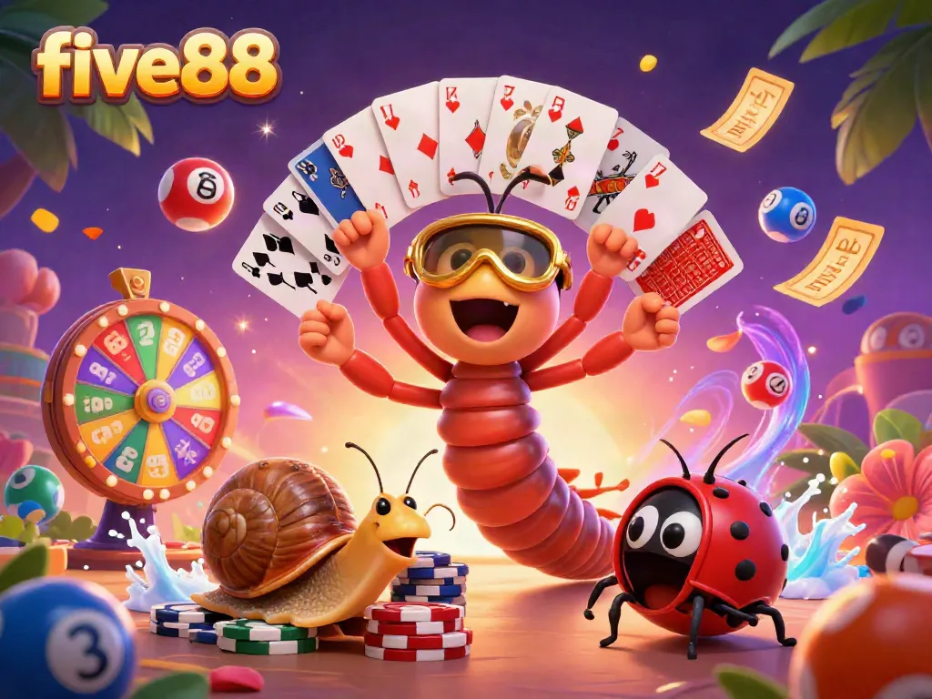 Experience winning moments at five88 with a vibrant casino-themed illustration featuring colorful game elements and characters.