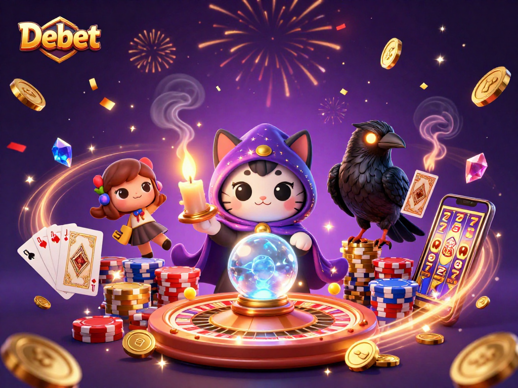 Debet players enjoying a vibrant atmosphere with unique games, immersive visuals, and rich casino elements.